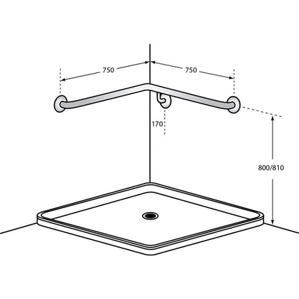 Dolphy Corner Wall Flush Mount Shower Grab Rail LH Stainless Steel 750  x 750 mm - Silver