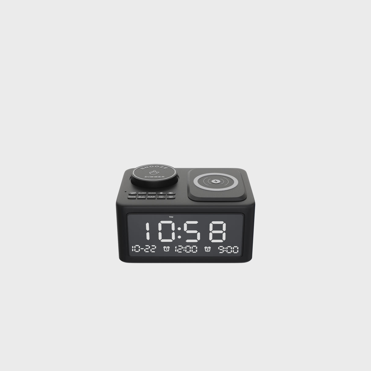 Dolphy Bluetooth Wireless Charging Clock Radio Dock Station – Black ABS, Compact Bedside Speaker with Stereo Sound, Built-in Clock & Smartphone Charging for Home or Hotel