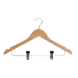Dolphy Standard Wooden Clothes Hanger with Clips – Pack of 50, Natural Wood Timber Finish, Non-Slip Bar, Secure Metal Clips for Pants & Skirts